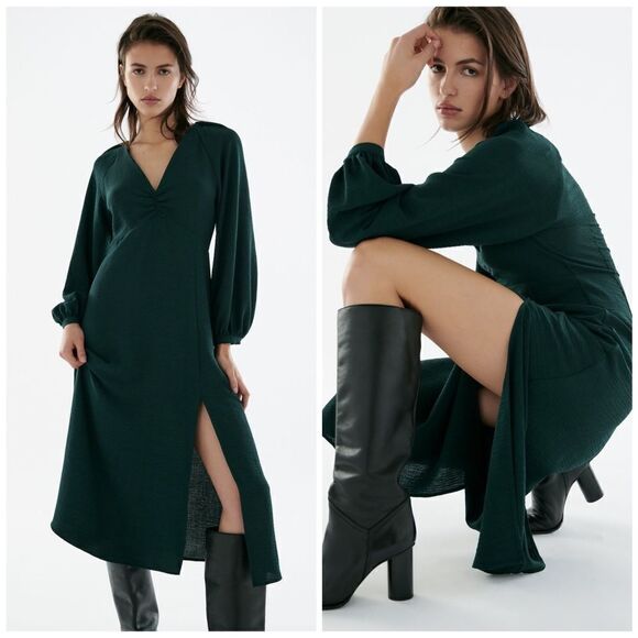 Zara Green Puff Sleeve Dress Midi Slit - Picture 1 of 7